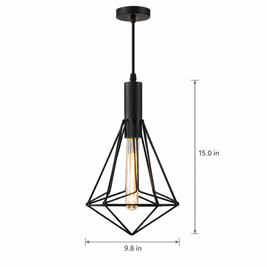 Black Wire Cage Pendant Light, Vintage - 9.8''x15'' on white with dimensions