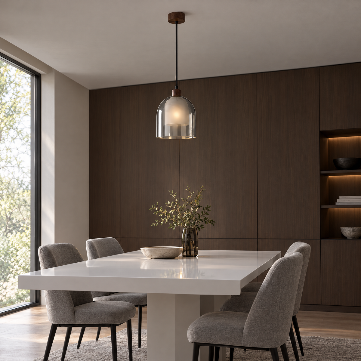 Double Glass Pendant Light, Brown Wood - White in a dining room