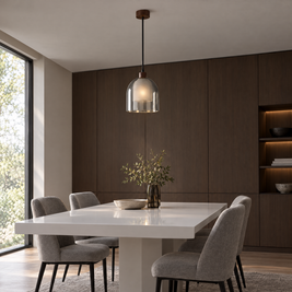 Double Glass Pendant Light, Brown Wood - White in a dining room