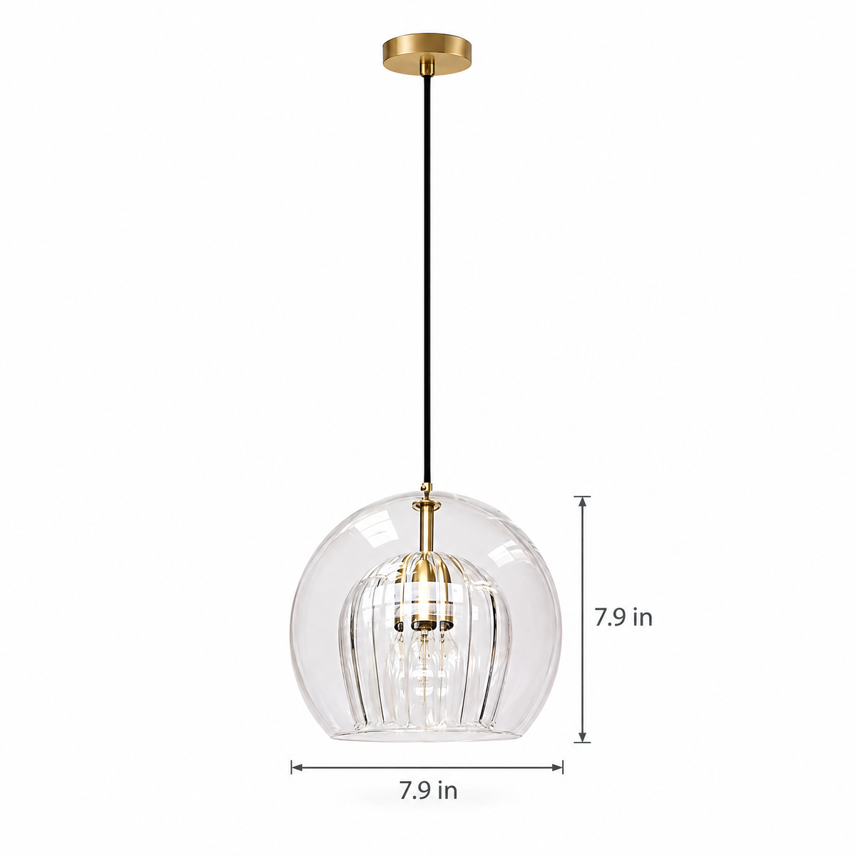 Copper & Glass Globe Pendant Light - 7.9 Inch on white with dimensions