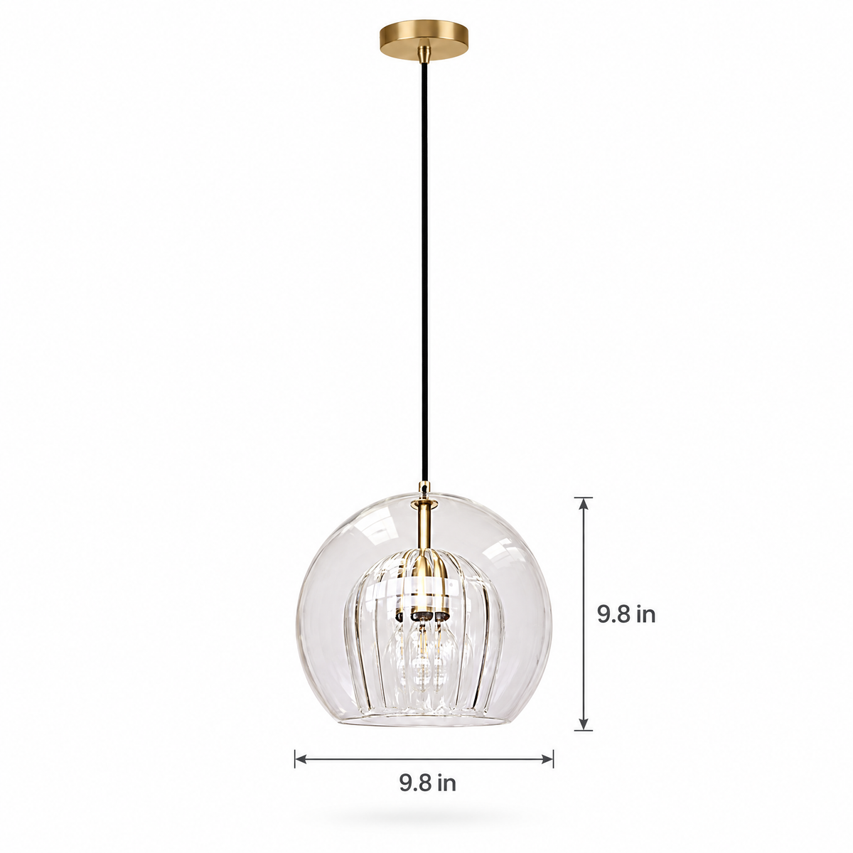 Copper & Glass Globe Pendant Light - 9.8 Inch on white with dimensions