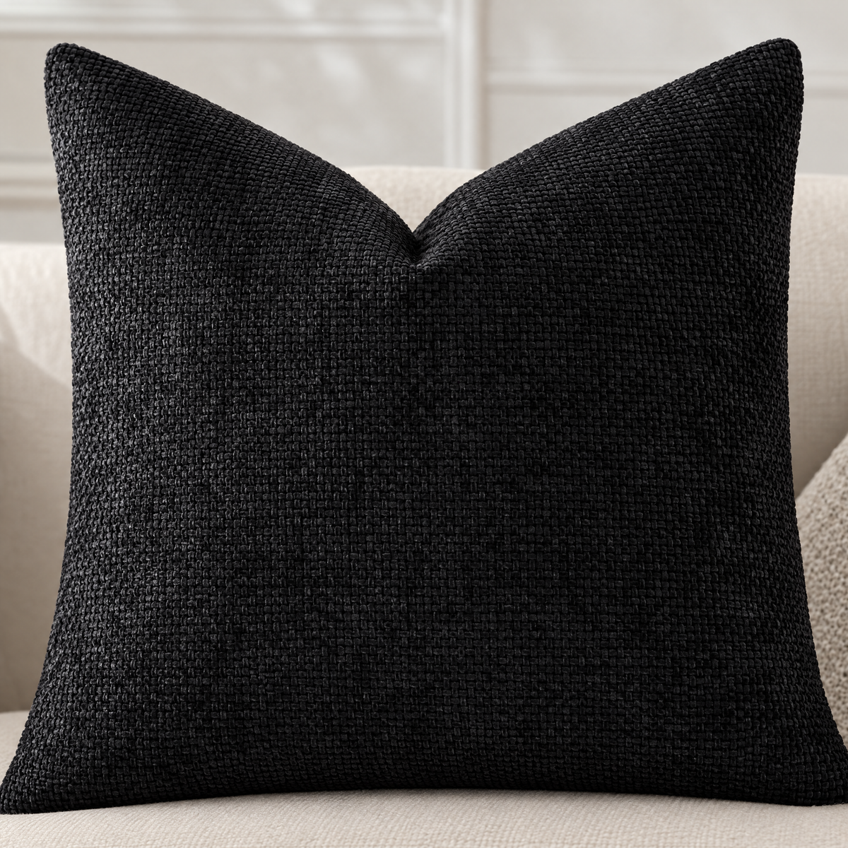 Close-up of Black chenille basketweave pillow cover texture