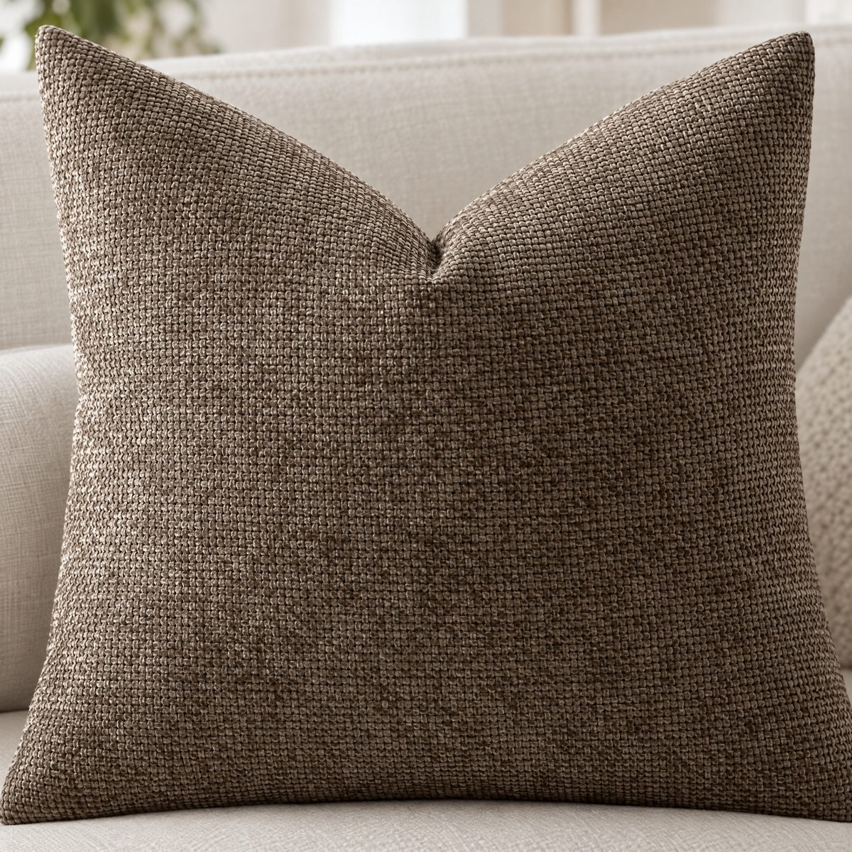 Close-up of Coffee chenille basketweave pillow cover texture