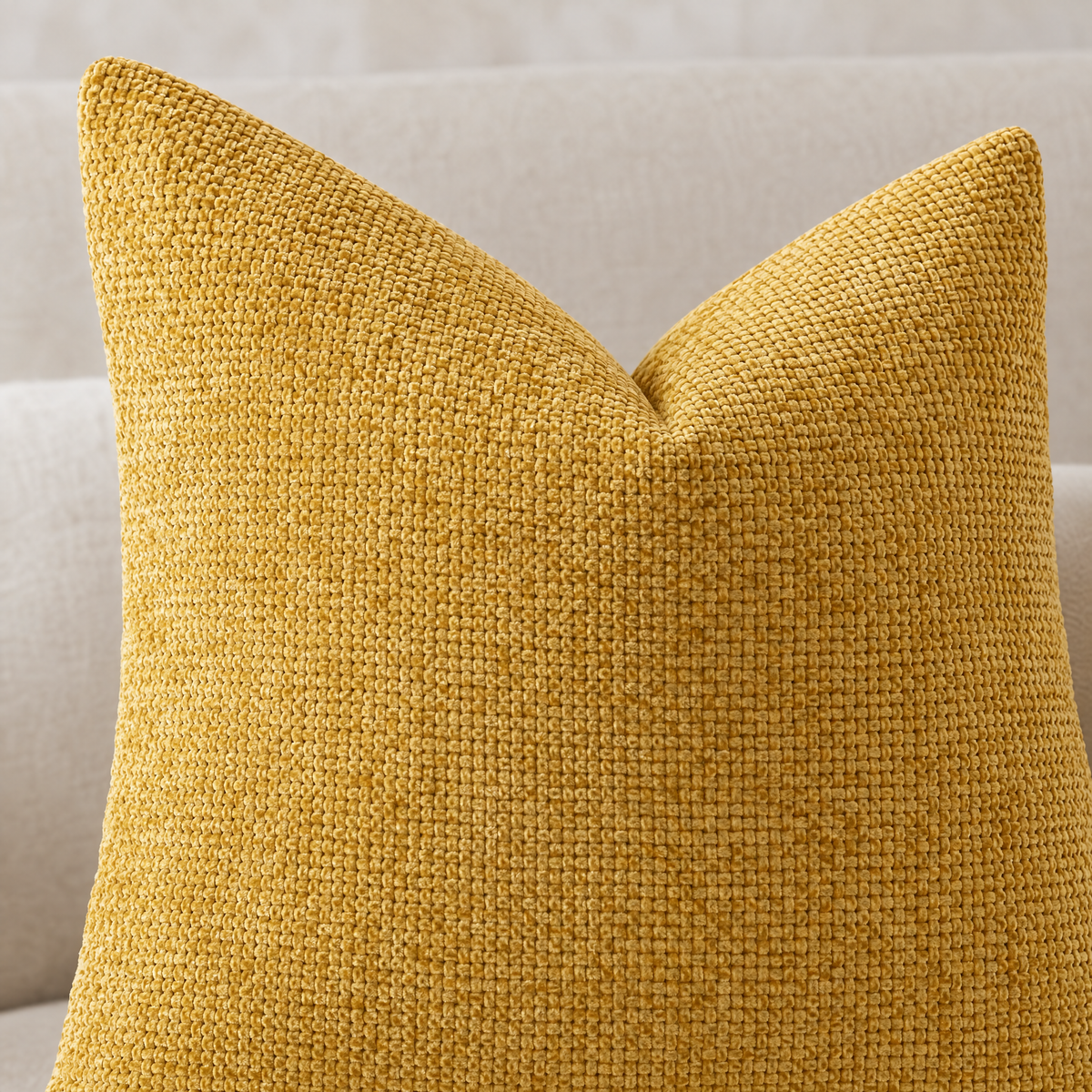 Close-up of Yellow chenille basketweave pillow cover texture