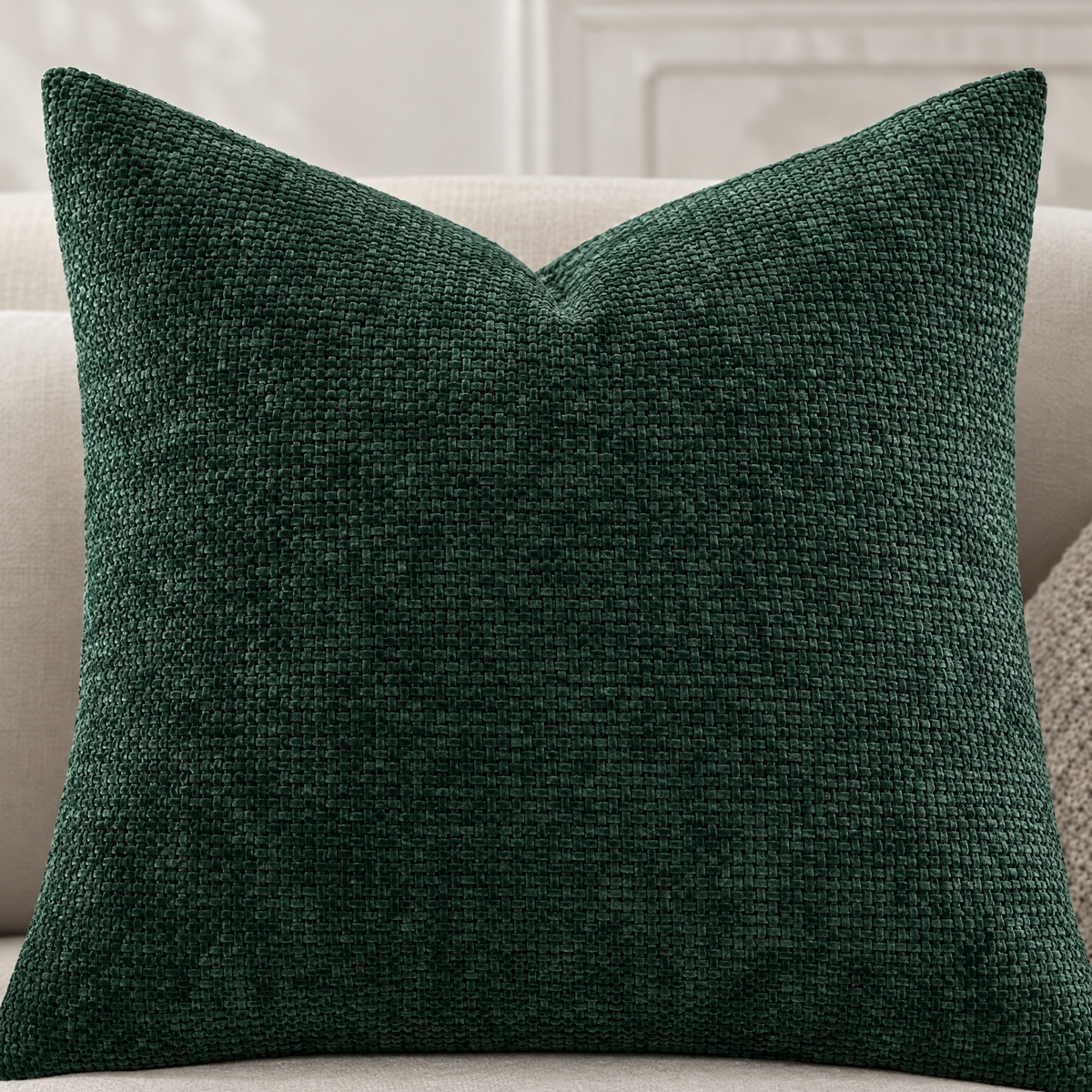Close-up of Dark Green chenille basketweave pillow cover texture