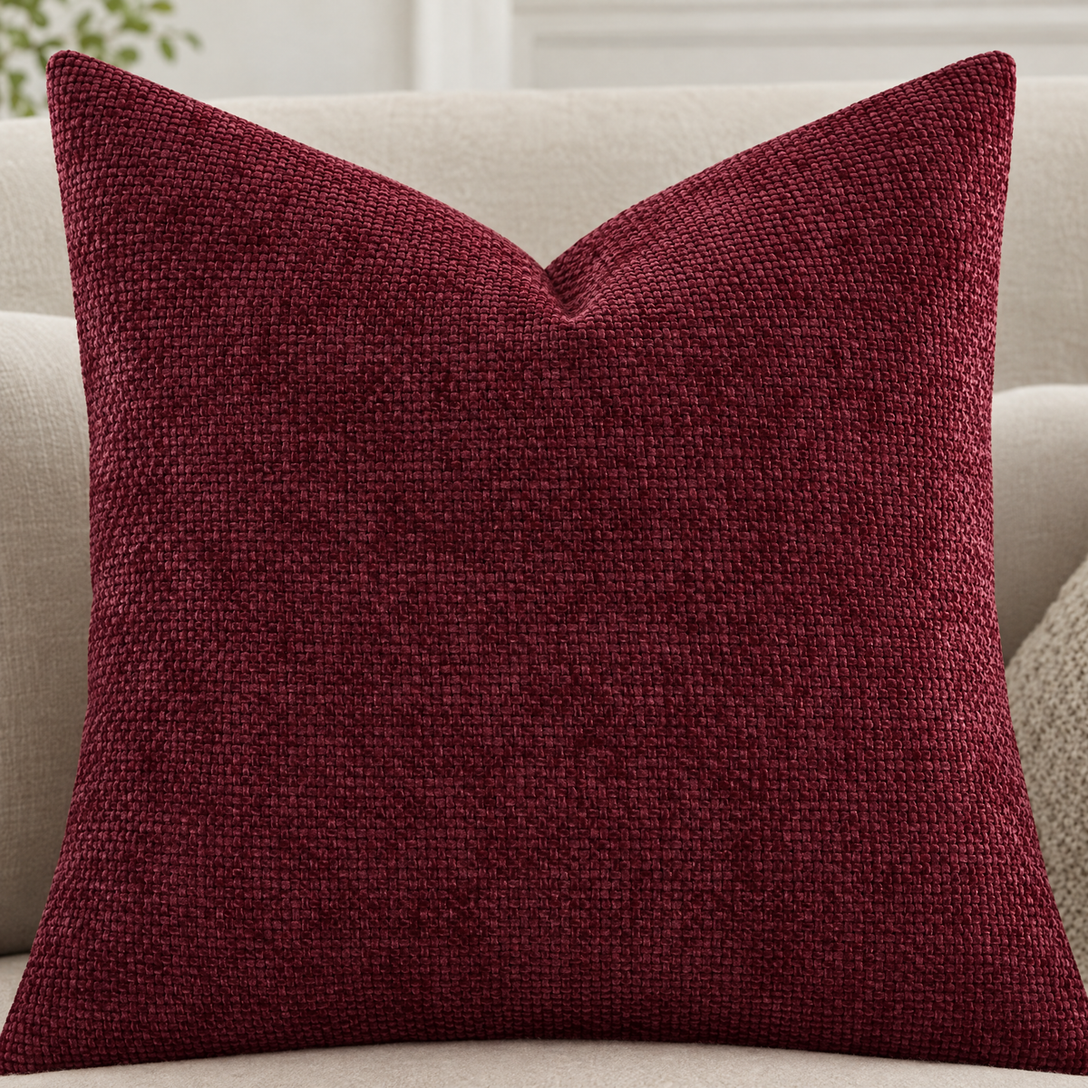Close-up of Burgundy chenille basketweave pillow cover texture