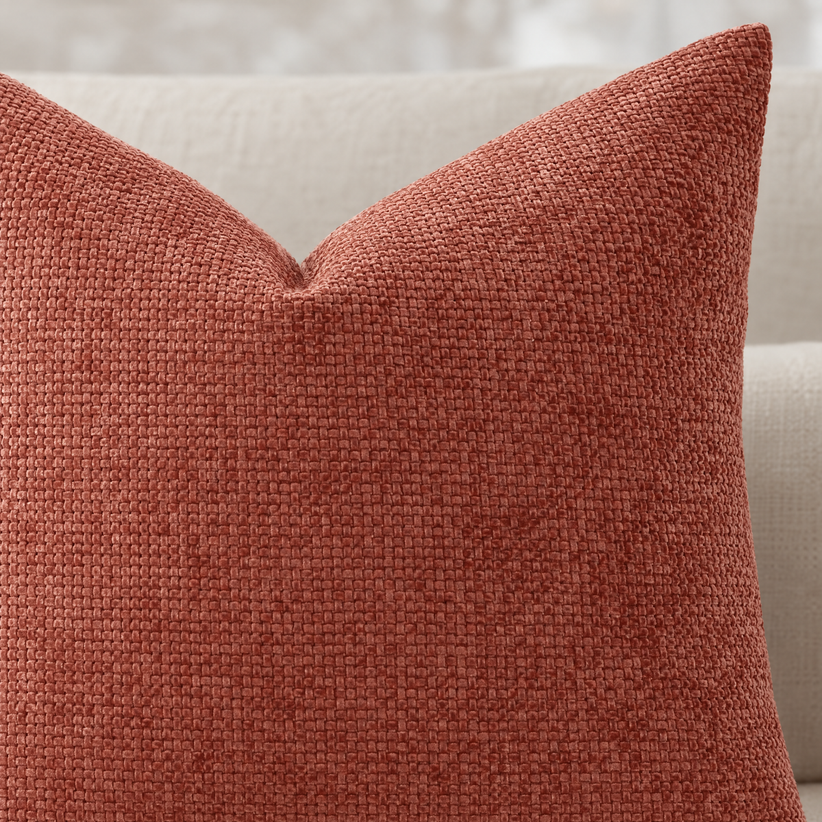 Close-up of Brick Red chenille basketweave pillow cover texture