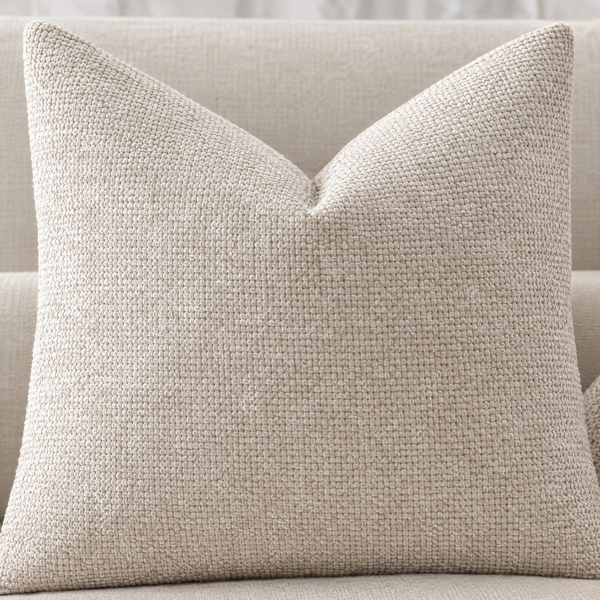 Close-up of Beige chenille basketweave pillow cover texture