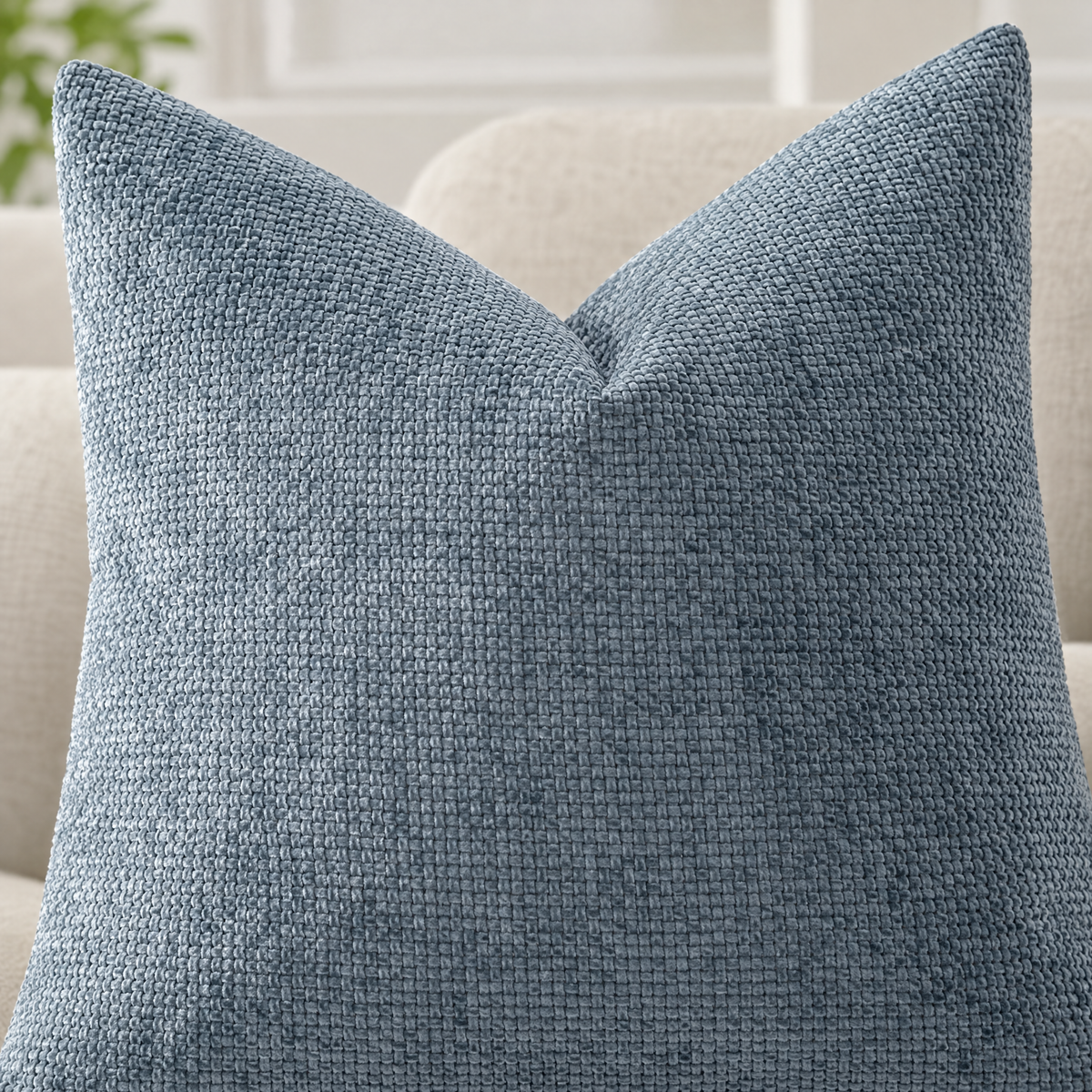 Close-up of Slate Blue chenille basketweave pillow cover texture