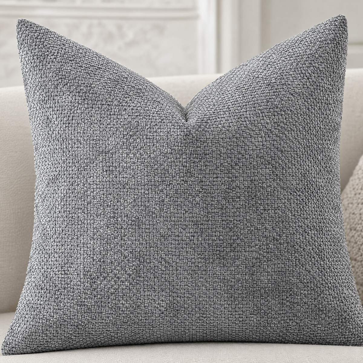 Close-up of Gray chenille basketweave pillow cover texture