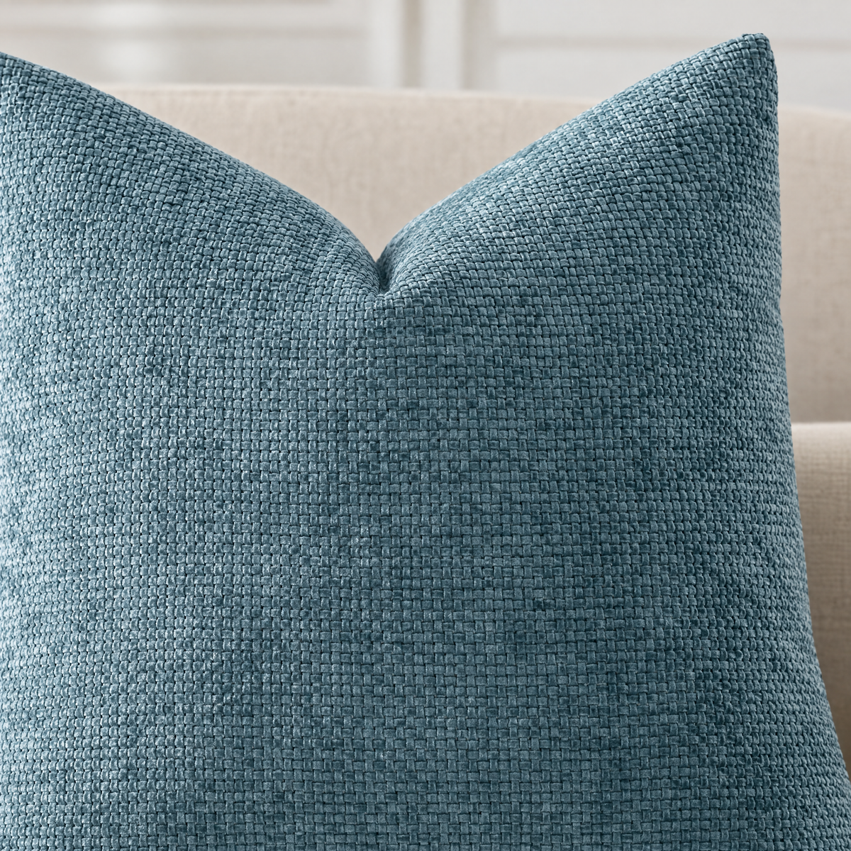 Close-up of Lake Blue chenille basketweave pillow cover texture