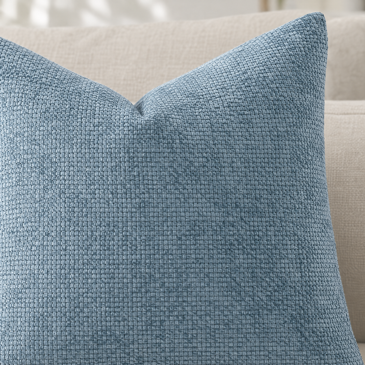 Close-up of Blue chenille basketweave pillow cover texture