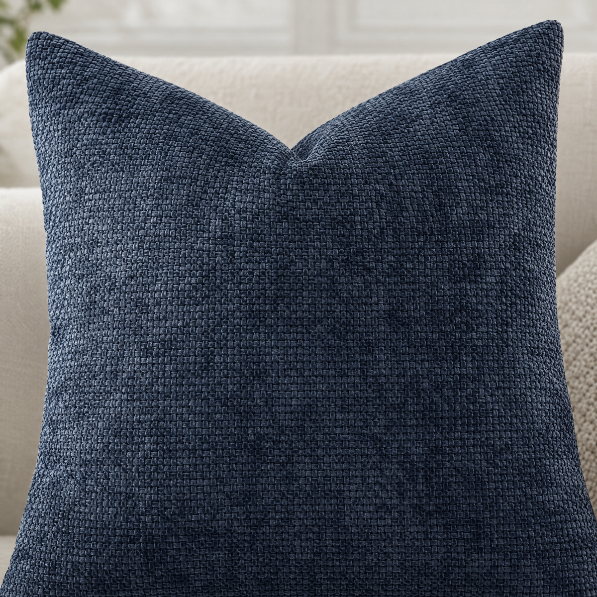 Close-up of Navy Blue chenille basketweave pillow cover texture