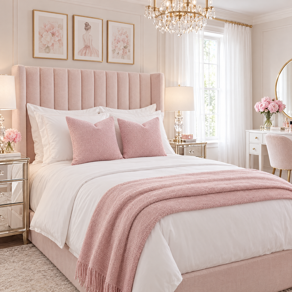 Set of 2 Pink chenille basketweave throw pillow covers styled in a room