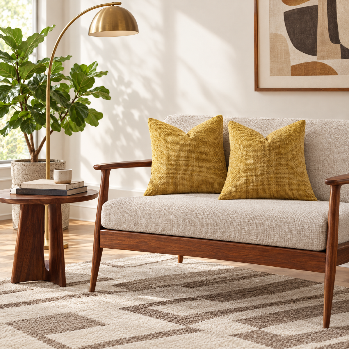 Set of 2 Yellow chenille basketweave throw pillow covers styled in a room