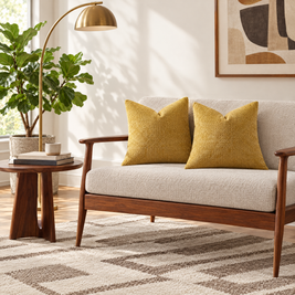 Set of 2 Yellow chenille basketweave throw pillow covers styled in a room