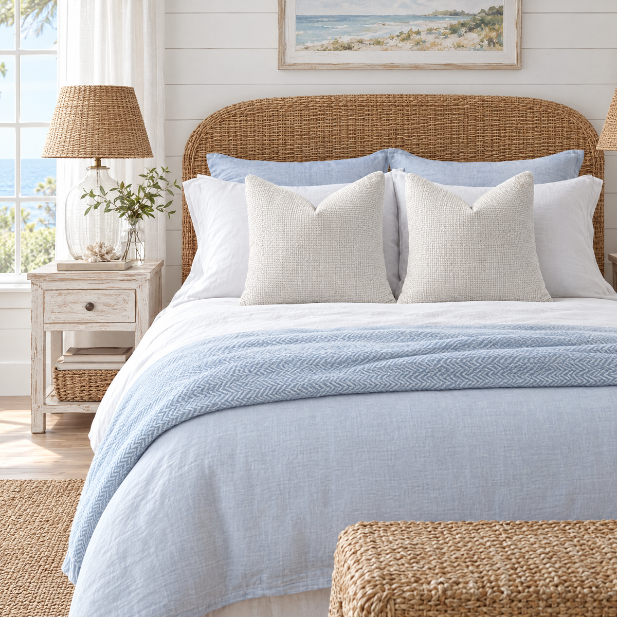 Set of 2 Ivory chenille basketweave throw pillow covers styled in a room