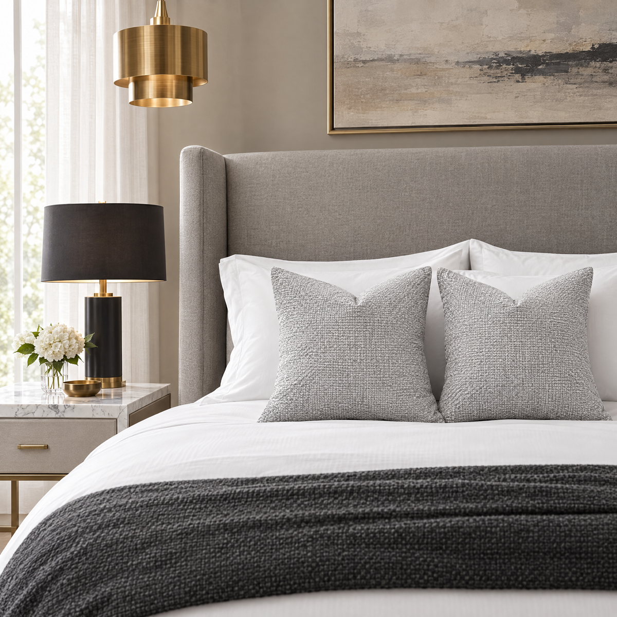 Set of 2 Light Grey chenille basketweave throw pillow covers styled in a room