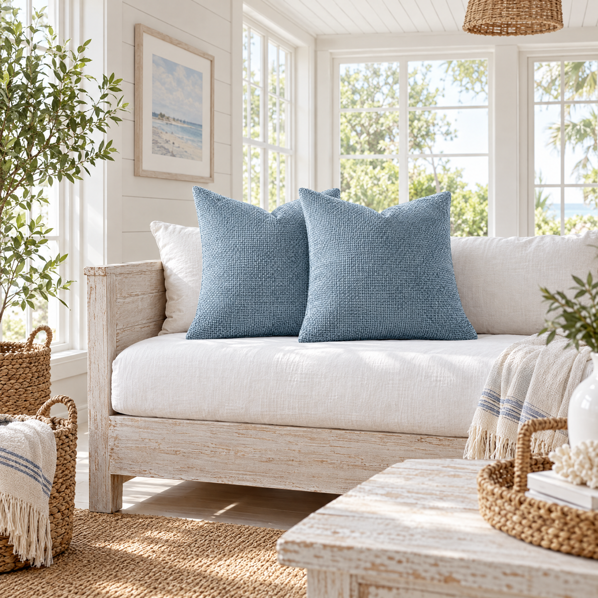Set of 2 Blue chenille basketweave throw pillow covers styled in a room
