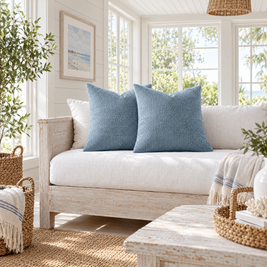 Set of 2 Blue chenille basketweave throw pillow covers styled in a room