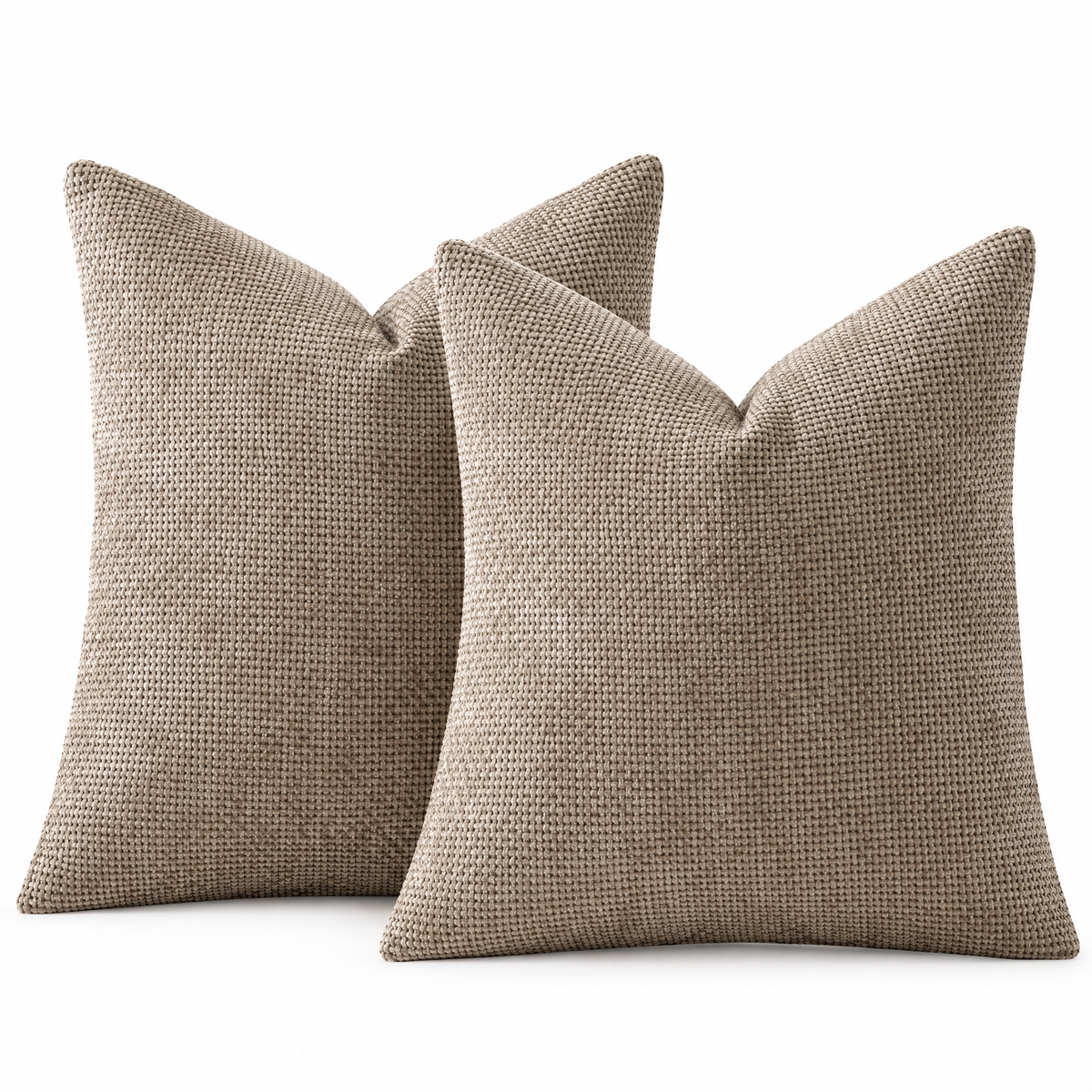 Light Coffee chenille basketweave throw pillow covers, set of 2, on white background