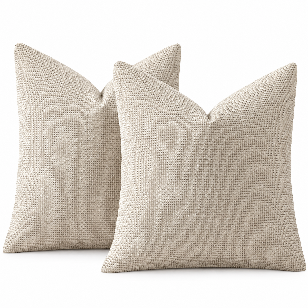 Beige chenille basketweave throw pillow covers, set of 2, on white background