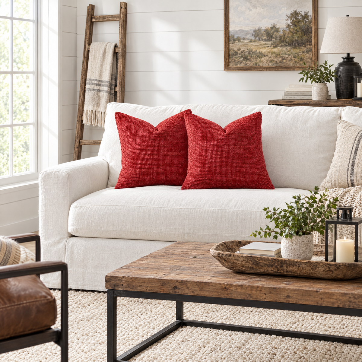 Set of 2 Red chenille basketweave throw pillow covers styled in a room