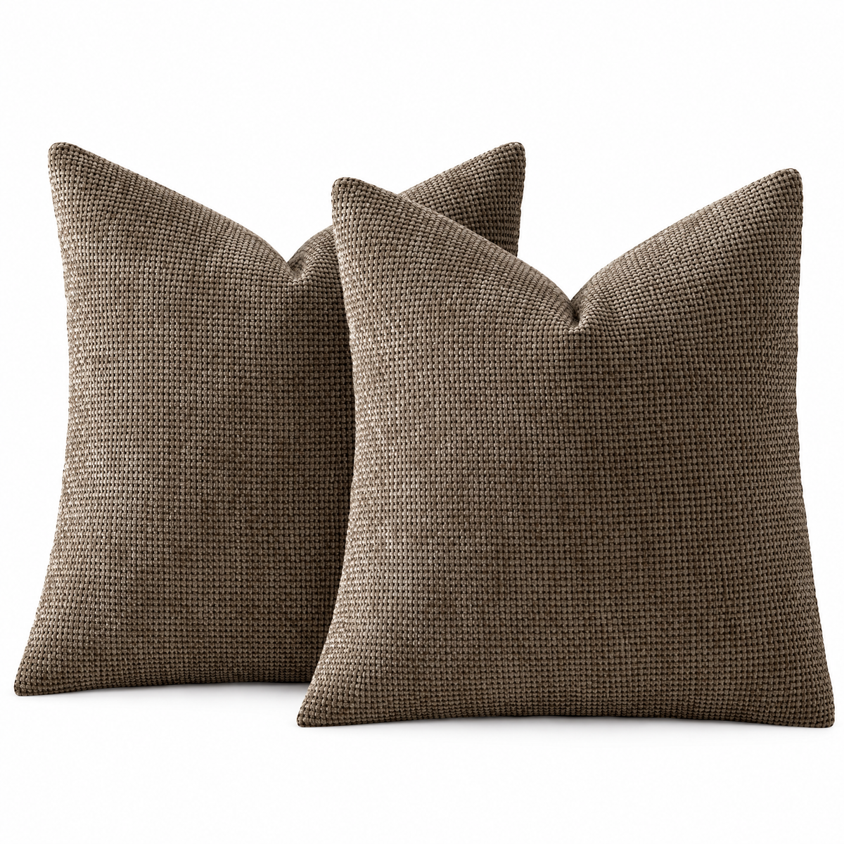 Coffee chenille basketweave throw pillow covers, set of 2, on white background