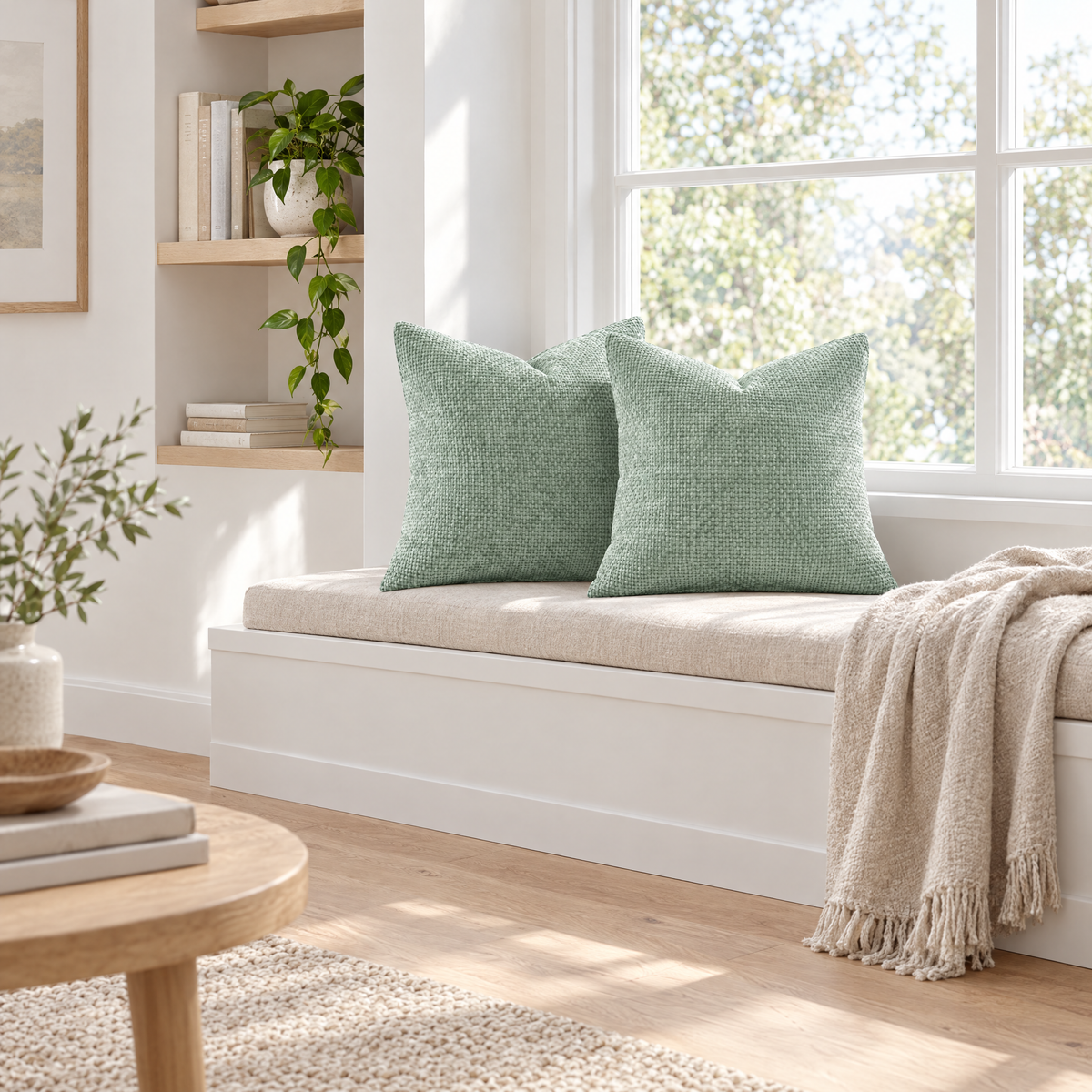 Set of 2 Mint chenille basketweave throw pillow covers styled in a room