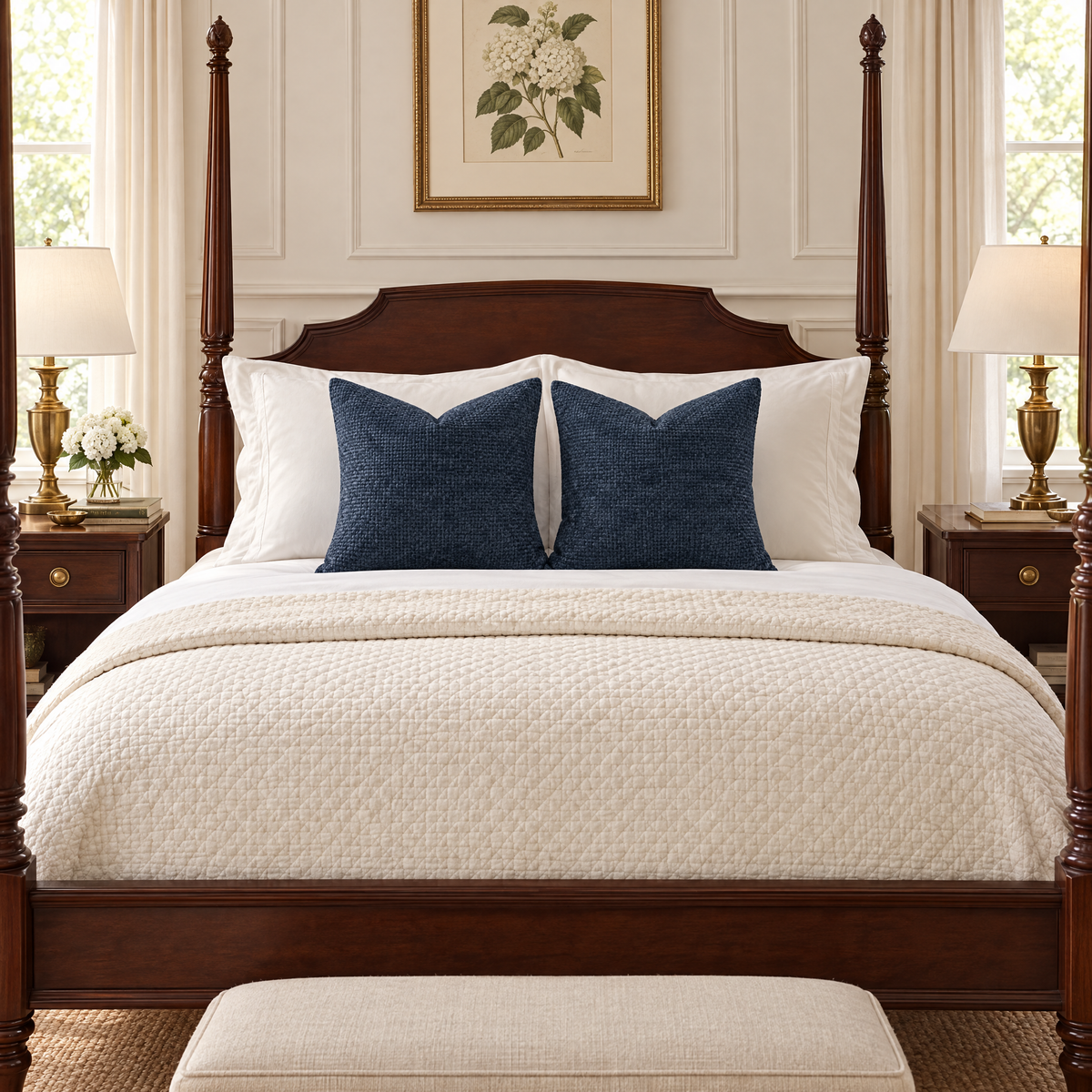 Set of 2 Navy Blue chenille basketweave throw pillow covers styled in a room