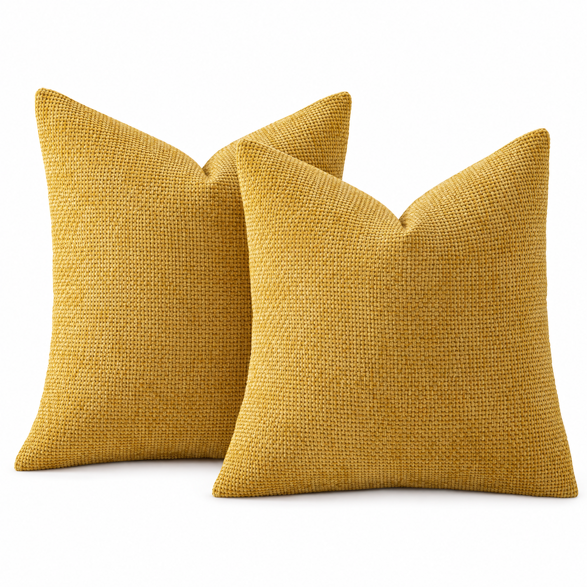 Yellow chenille basketweave throw pillow covers, set of 2, on white background
