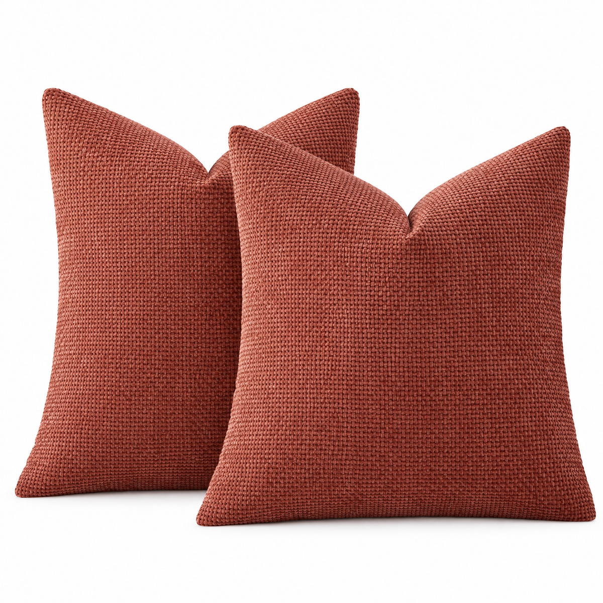 Brick Red chenille basketweave throw pillow covers, set of 2, on white background