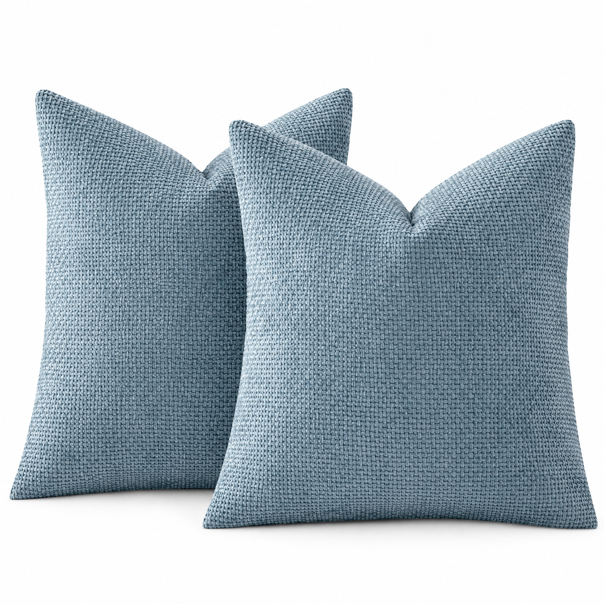 Blue chenille basketweave throw pillow covers, set of 2, on white background