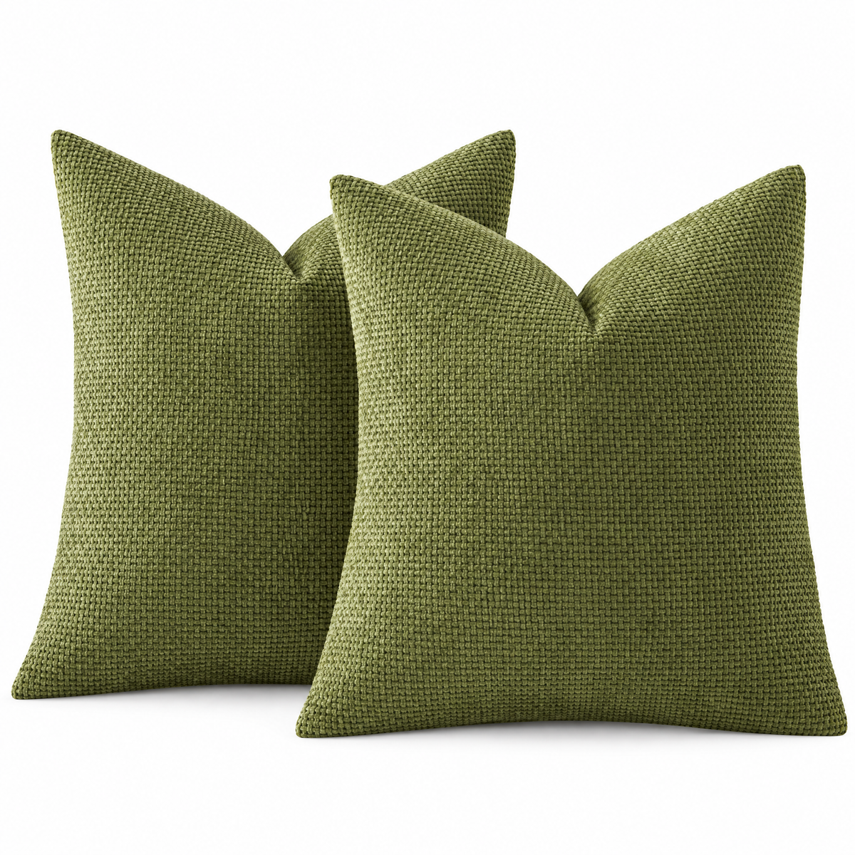 Avocado Green chenille basketweave throw pillow covers, set of 2, on white background