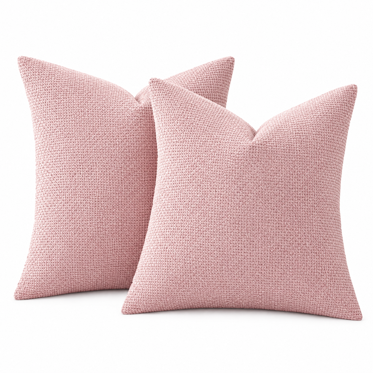 Pink chenille basketweave throw pillow covers, set of 2, on white background