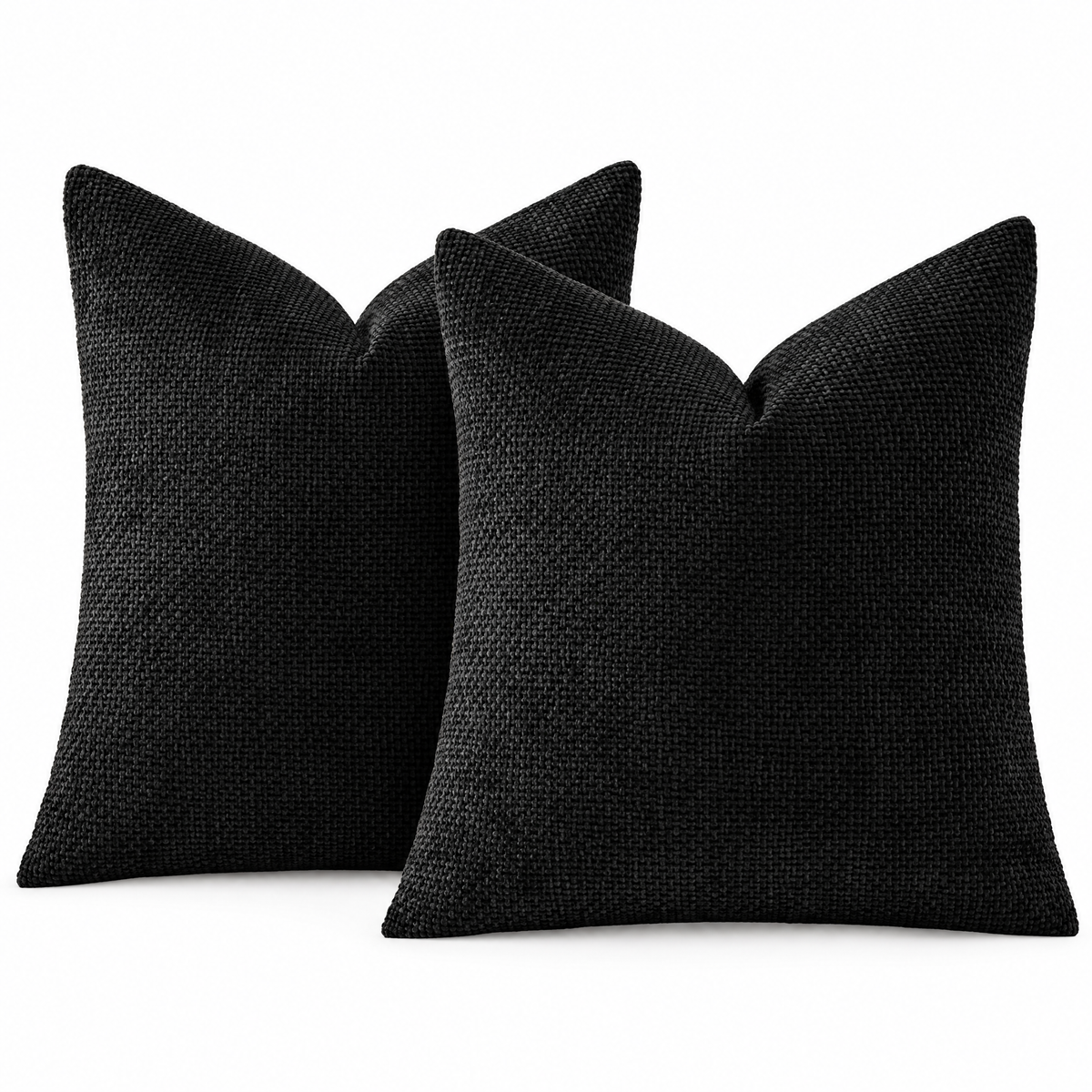 Black chenille basketweave throw pillow covers, set of 2, on white background