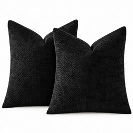 Black chenille basketweave throw pillow covers, set of 2, on white background