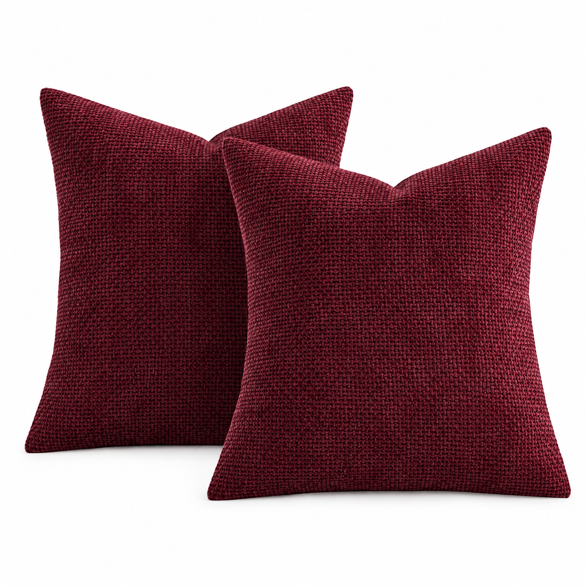 Burgundy chenille basketweave throw pillow covers, set of 2, on white background