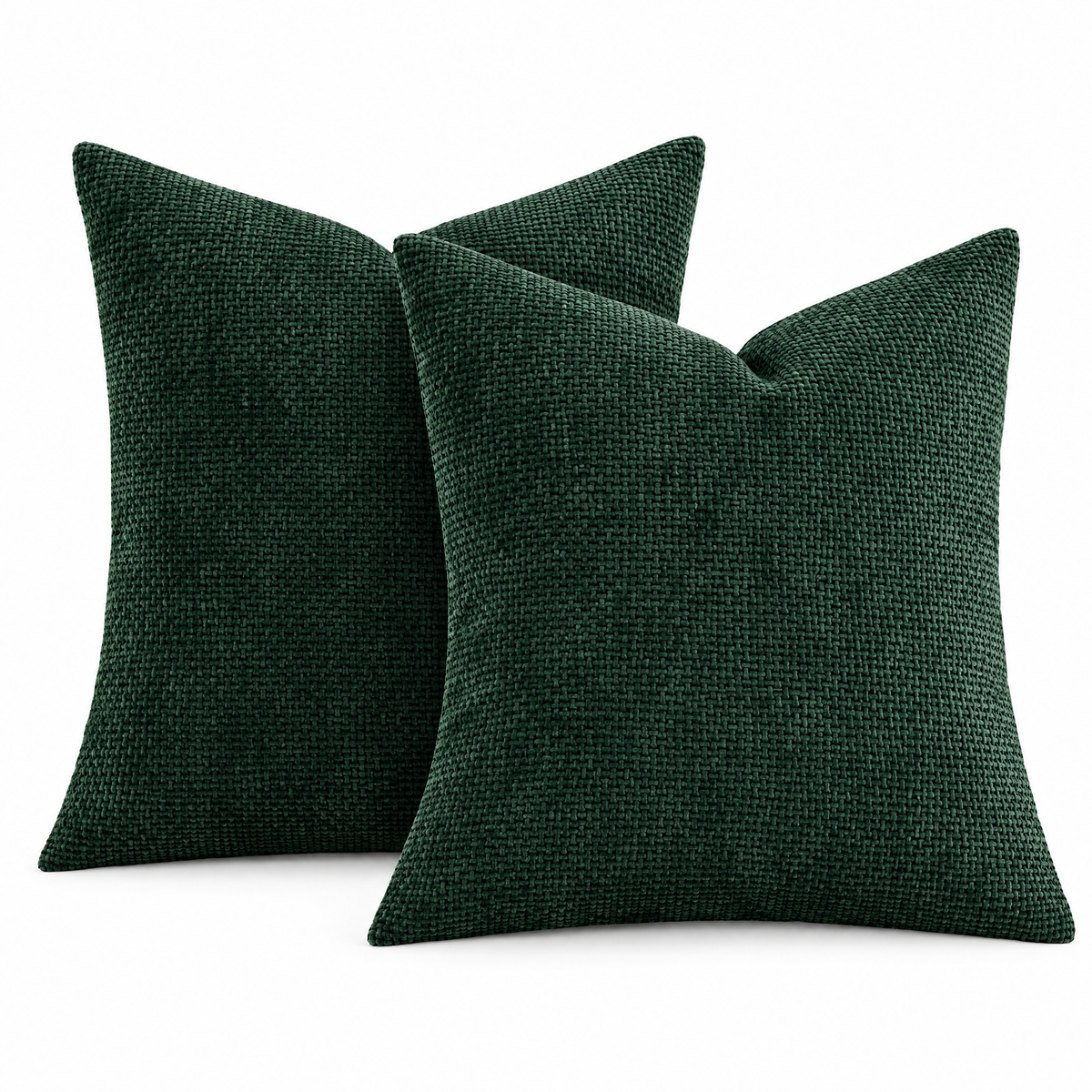 Dark Green chenille basketweave throw pillow covers, set of 2, on white background