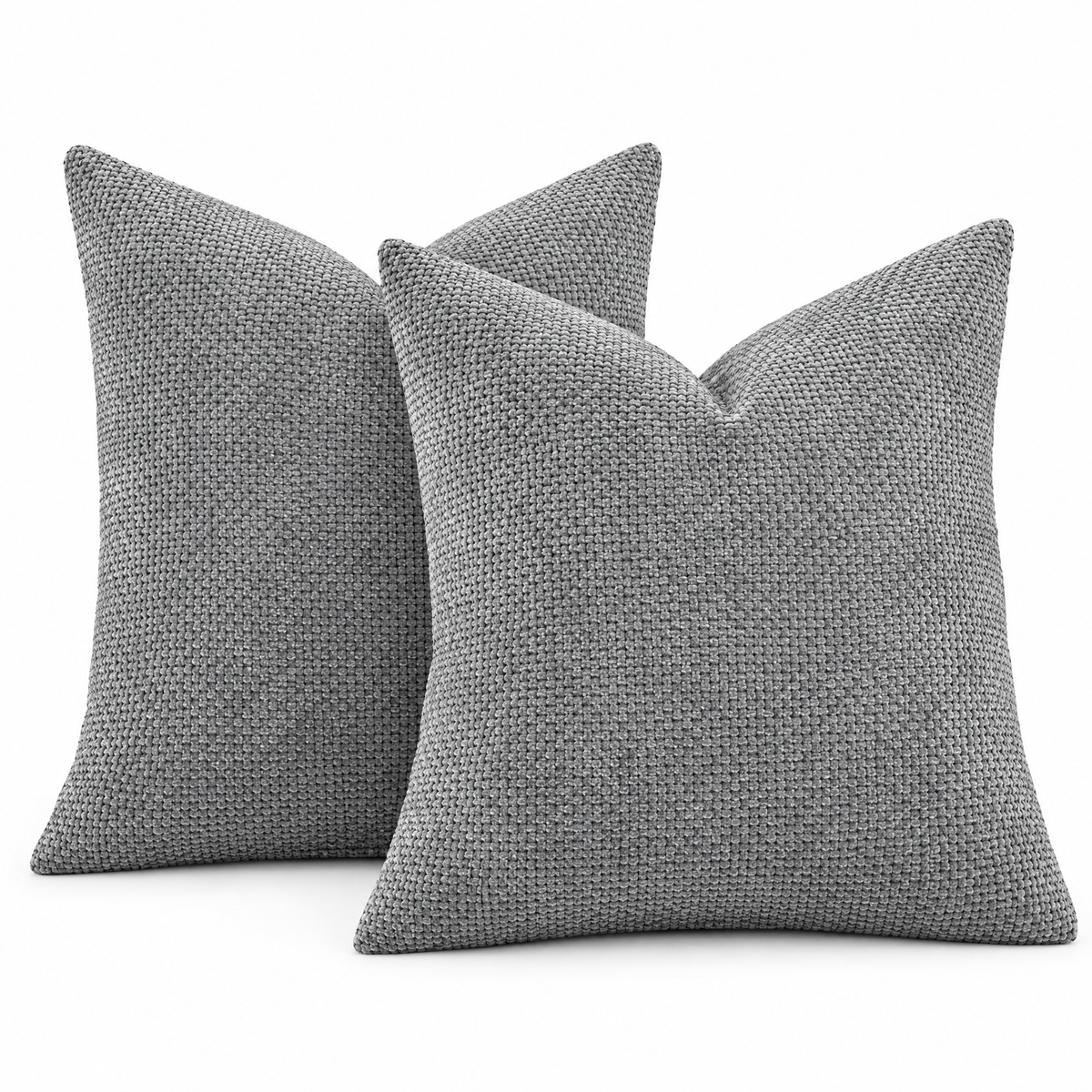 Gray chenille basketweave throw pillow covers, set of 2, on white background