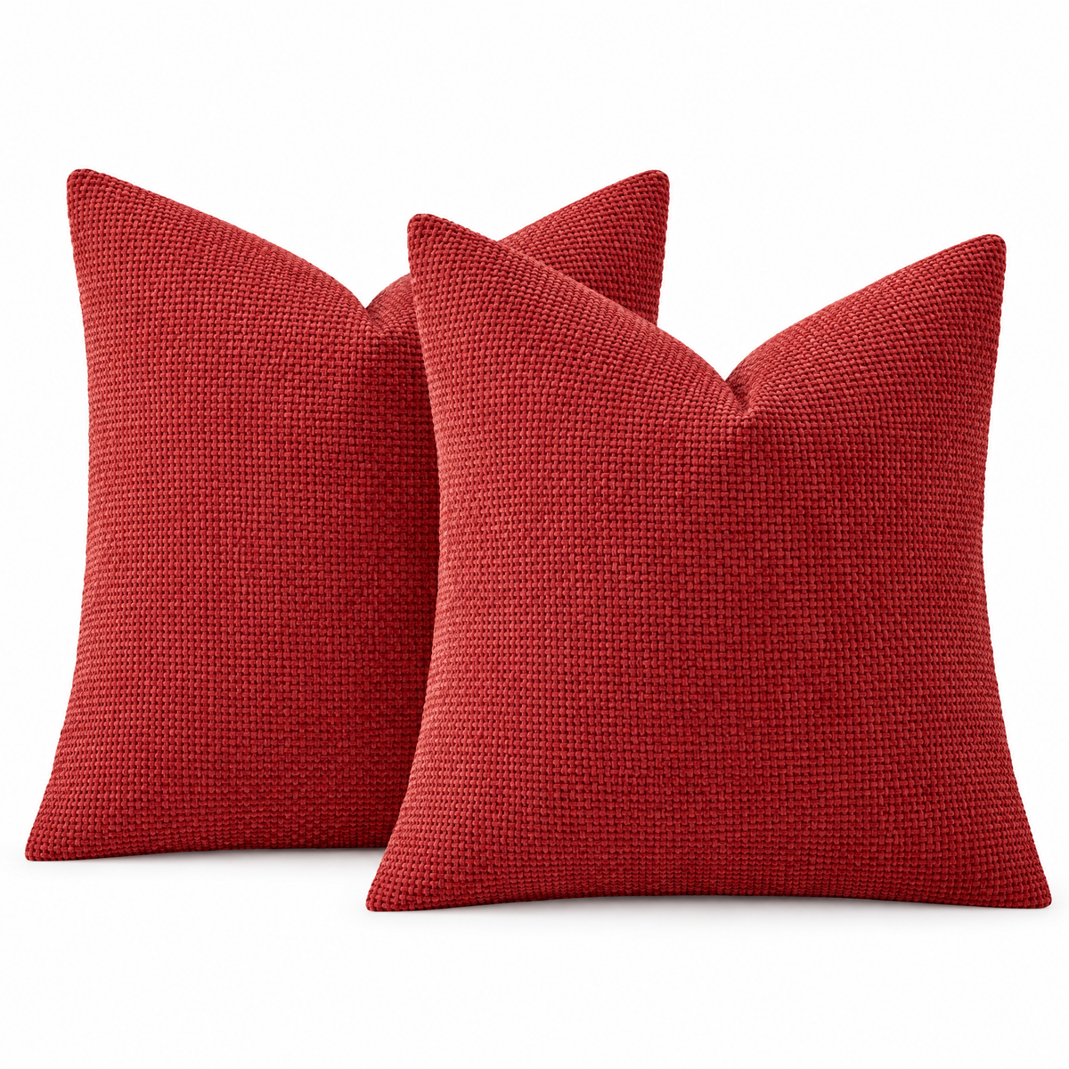 Red chenille basketweave throw pillow covers, set of 2, on white background