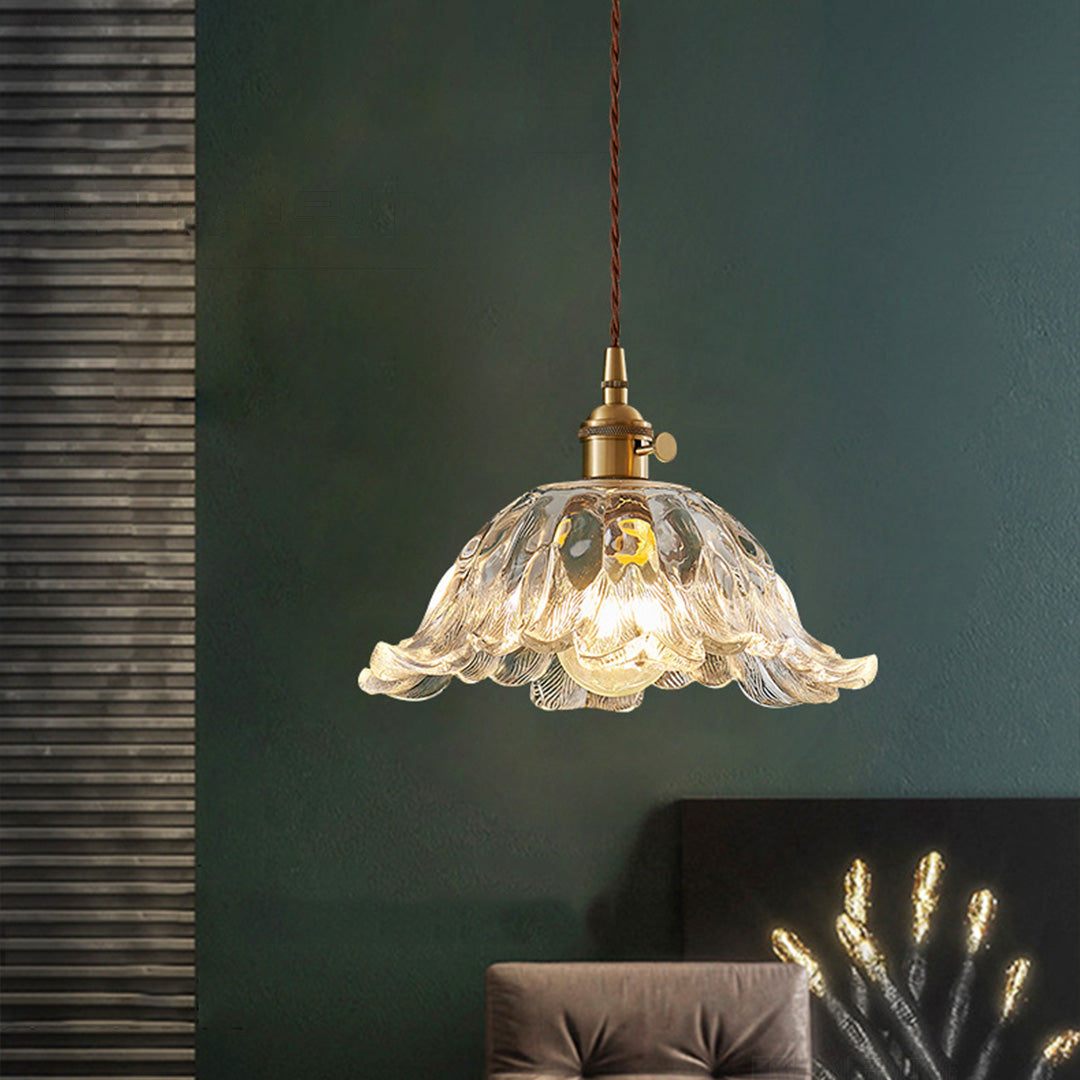 Japanese Floral Glass Pendant Light, Brass