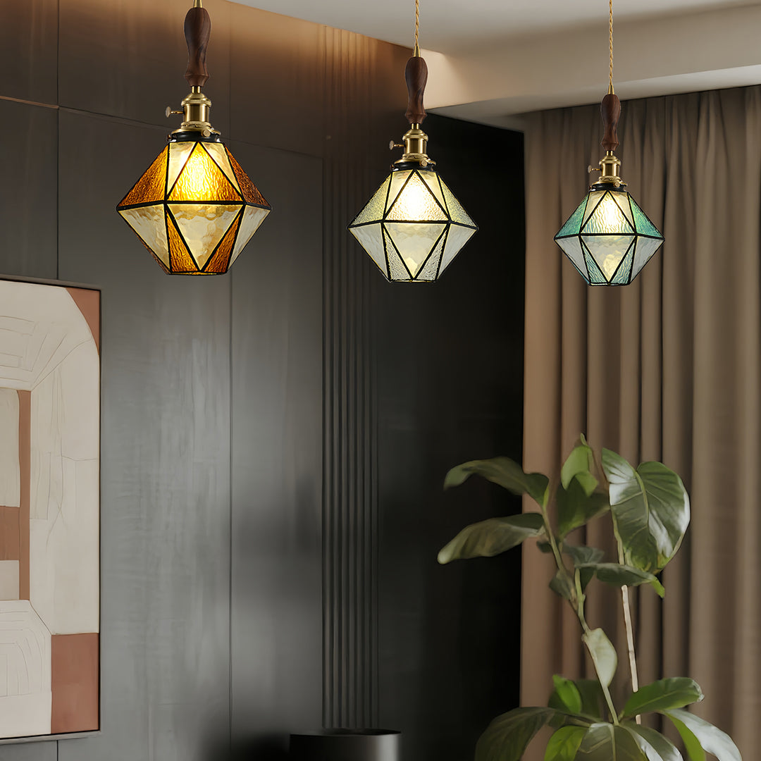 Diamond Pendant Light, Vintage Brass & Wood