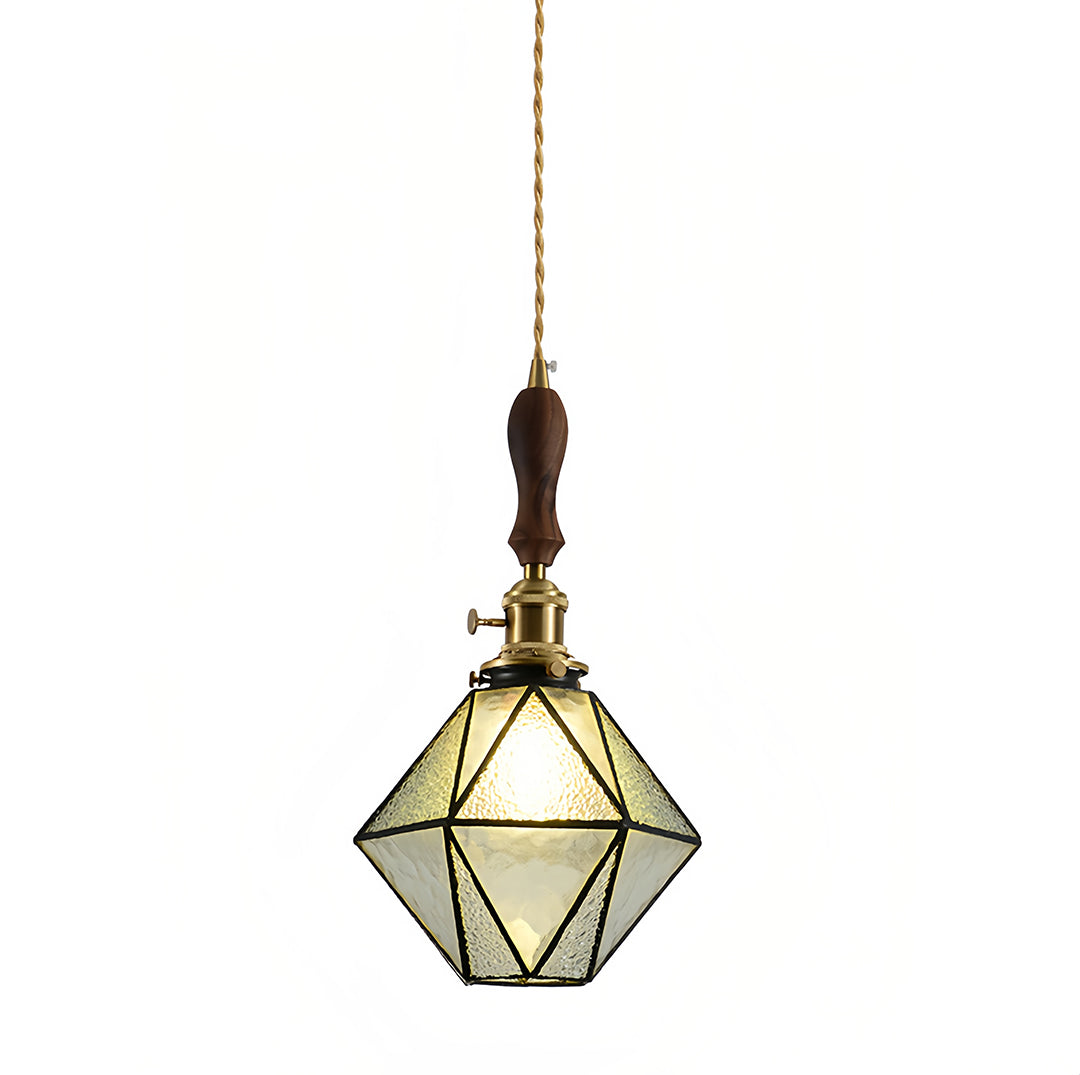 Diamond Pendant Light, Vintage Brass & Wood