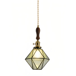 Diamond Pendant Light, Vintage Brass & Wood