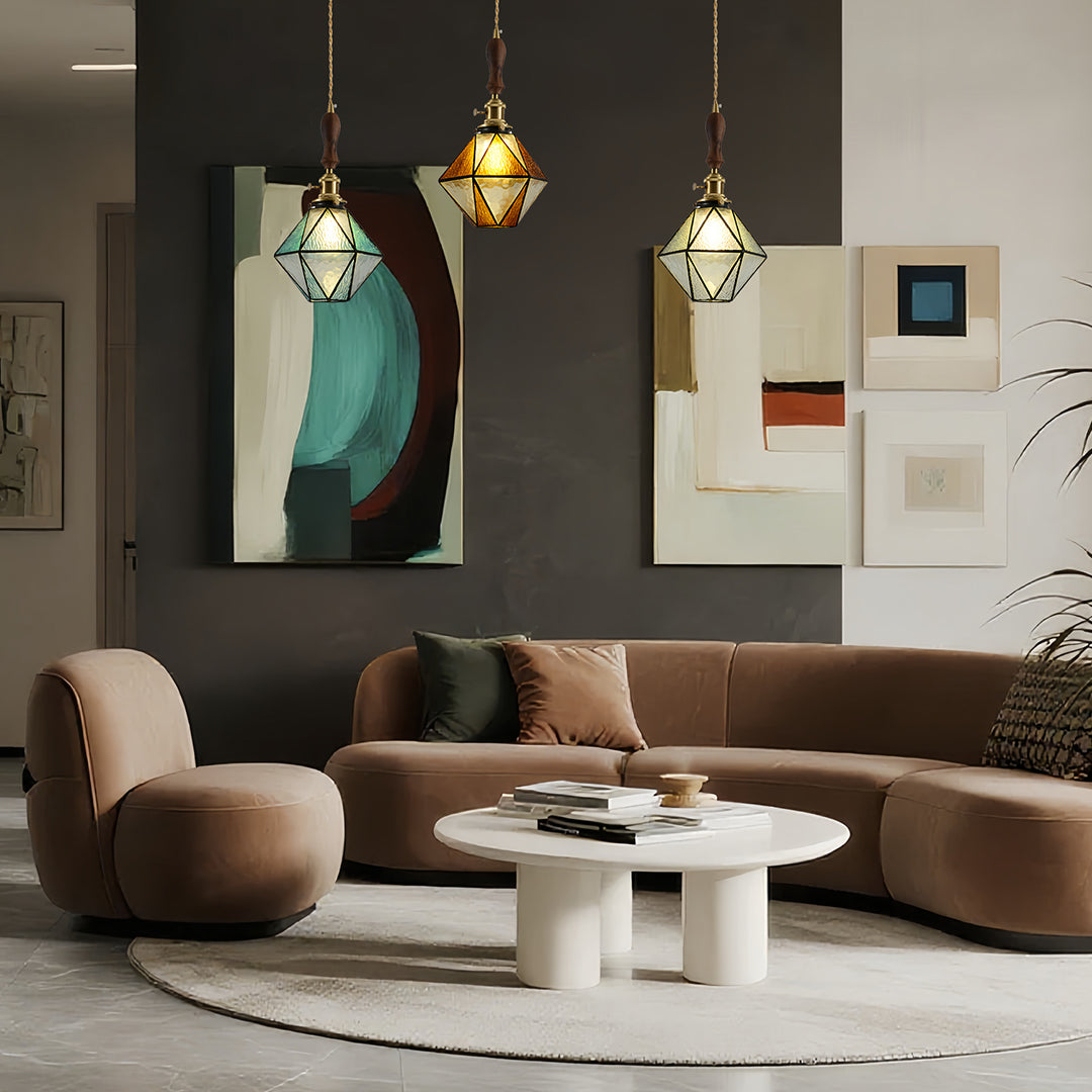Diamond Pendant Light, Vintage Brass & Wood