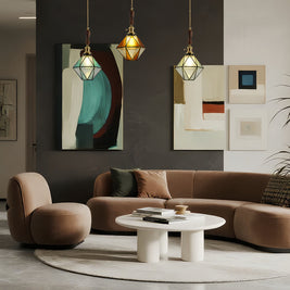 Diamond Pendant Light, Vintage Brass & Wood