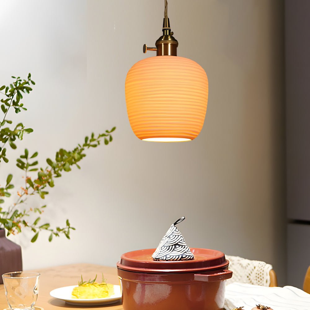 Striped Ceramic Pendant Light, Brass