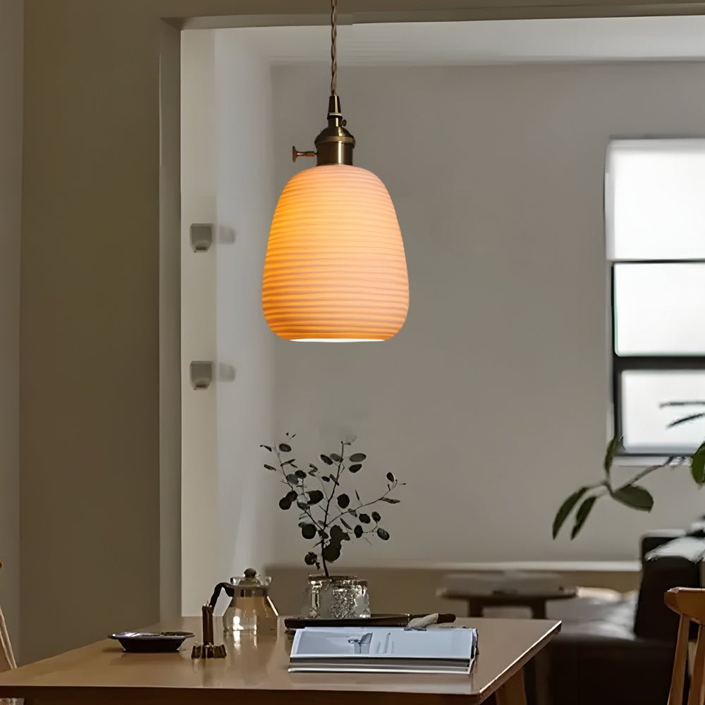 Striped Ceramic Pendant Light, Brass