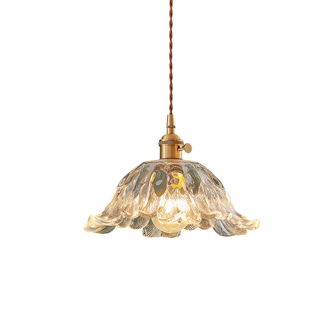 Japanese Floral Glass Pendant Light, Brass